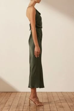 Shona Joy GIORGIA ASYMMETRICAL BIAS COWL MIDI DRESS - FOREST DRESSES