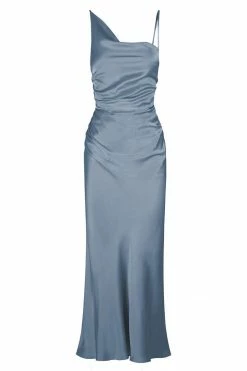 Shona Joy DRESSES LA LUNE ASYMMETRICAL BIAS COWL MIDI DRESS - BLUE SMOKE