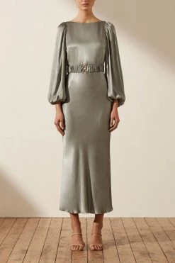 Shona Joy LA LUNE BALLOON SLEEVE MIDI DRESS WITH BELT - SAGE DRESSES