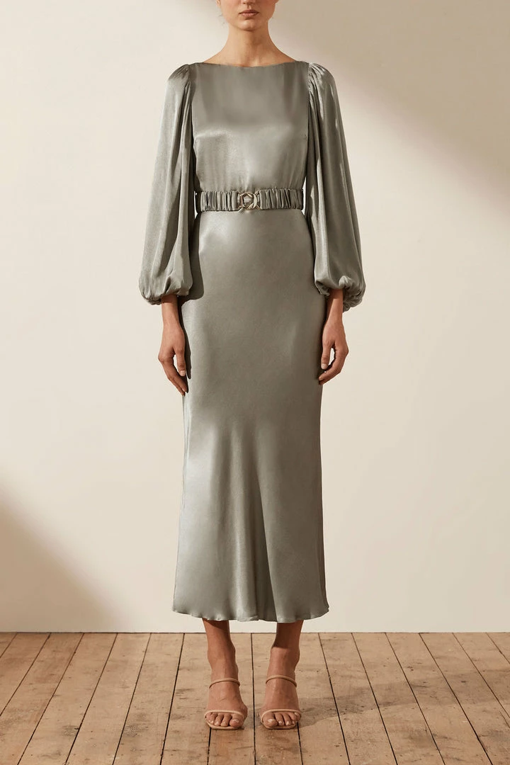 Shona Joy LA LUNE BALLOON SLEEVE MIDI DRESS WITH BELT - SAGE DRESSES