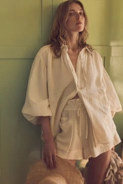 Shona Joy TOPS BRIGITTE LINEN BALLOON SLEEVE BUTTON UP SHIRT - TOFU