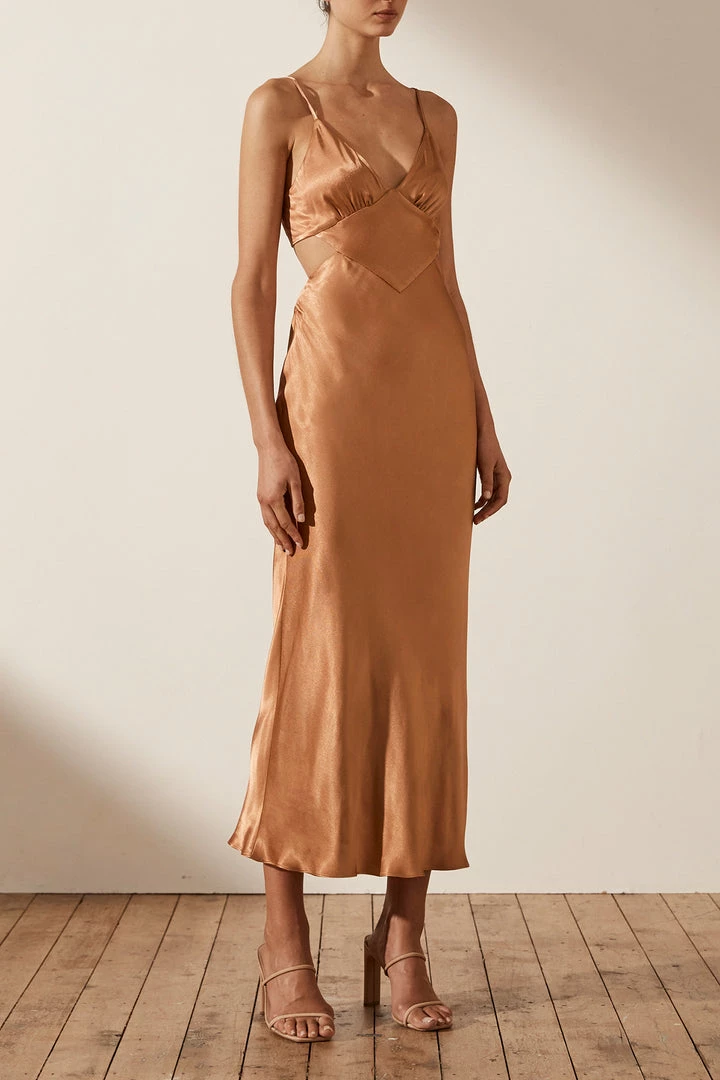 Shona Joy LA LUNE BACKLESS MIDI DRESS - COPPER