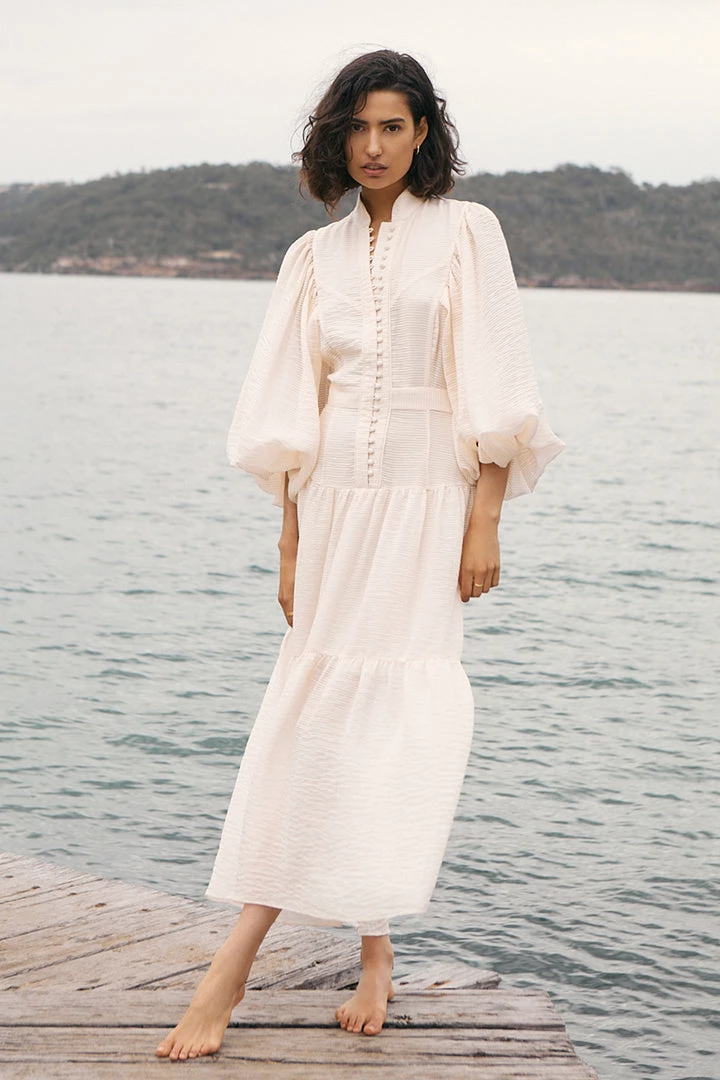 Shona Joy CHARLOTTE HIGH NECK MIDI DRESS - ECRU DRESSES