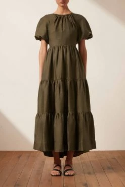 Shona Joy BRUNA LINEN SHORT SLEEVE BACKLESS MIDI DRESS - FOREST