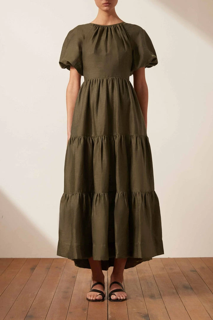 Shona Joy BRUNA LINEN SHORT SLEEVE BACKLESS MIDI DRESS - FOREST