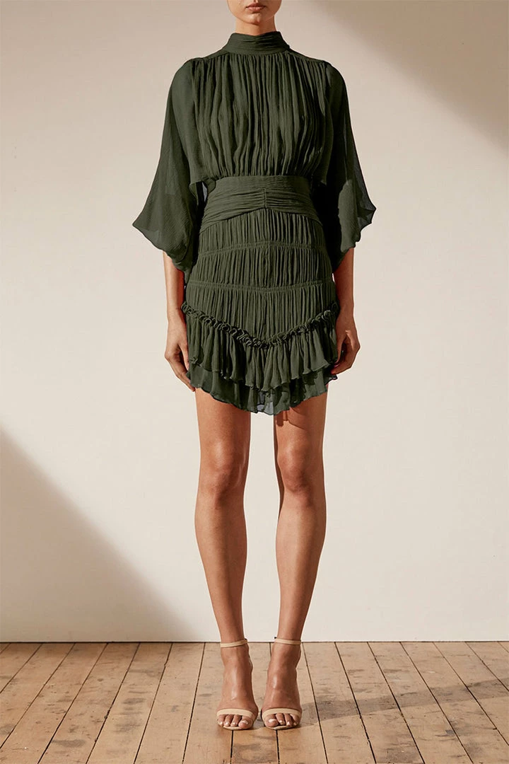Shona Joy CLEMENCE LONG SLEEVE MINI DRESS - OLIVE