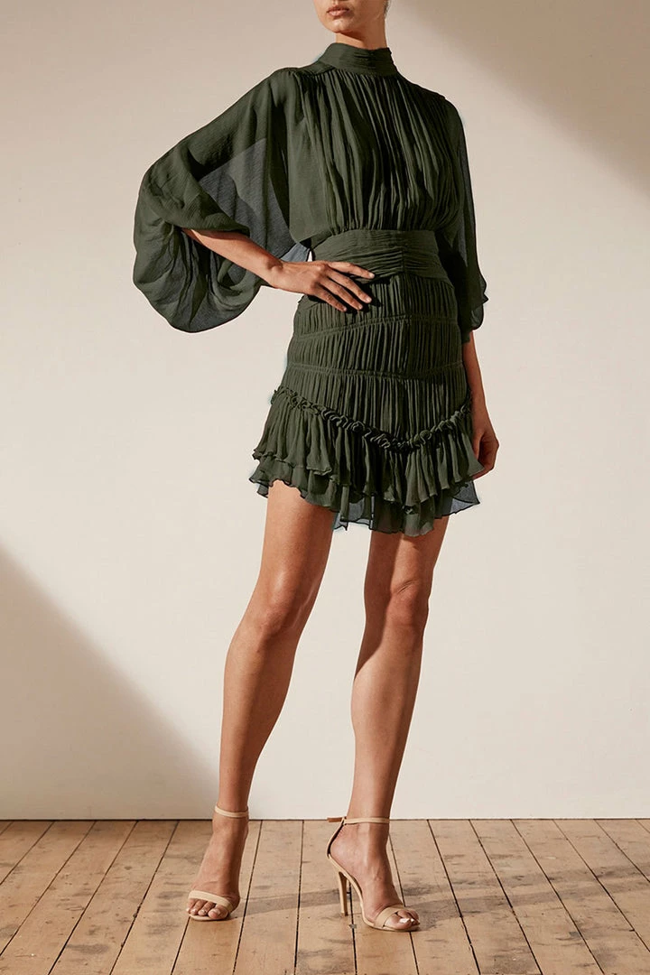 Shona Joy CLEMENCE LONG SLEEVE MINI DRESS - OLIVE
