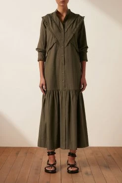 Shona Joy DRESSES ELLA CHEVRON FRILL MIDI DRESS - FOREST