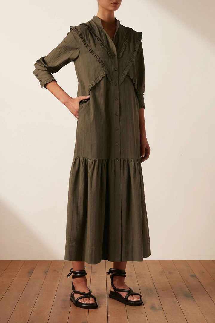 Shona Joy DRESSES ELLA CHEVRON FRILL MIDI DRESS - FOREST