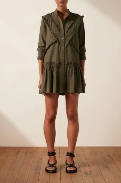 Shona Joy DRESSES ELLA CHEVRON FRILL MINI DRESS - FOREST