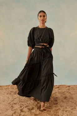 Shona Joy ELLA DRAWSTRING ASYMMETRIC MIDI SKIRT - COAL