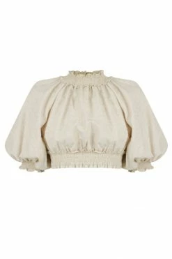 Shona Joy TOPS FIONA BALLOON SLEEVE SHIRRED CROP TOP - OATMEAL