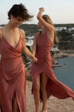 Shona Joy DRESSES LA LUNE GATHERED SQUARE NECK BIAS MIDI DRESS - TERRACOTTA