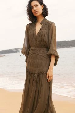 Shona Joy DRESSES IRIS BUTTON UP RUCHED MIDI DRESS - CUMIN