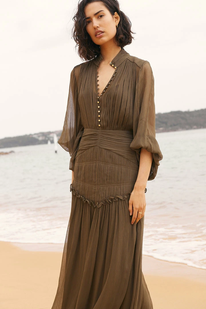 Shona Joy DRESSES IRIS BUTTON UP RUCHED MIDI DRESS - CUMIN