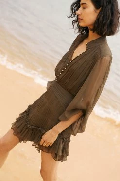 Shona Joy IRIS BUTTON UP RUCHED MINI DRESS - CUMIN