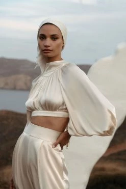 Shona Joy LA LUNE HIGH NECK TIE UP CROP TOP - CREAM TOPS