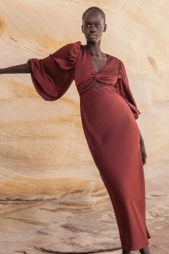 Shona Joy LUXE TWIST FRONT BALLOON SLEEVE MIDI DRESS - SANGRIA