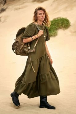 Shona Joy JULIANA LINEN SHORT SLEEVE OPEN BACK MIDI DRESS - FOREST