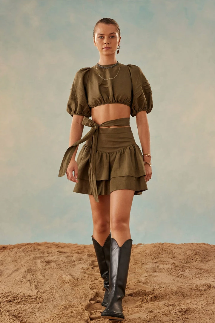 Shona Joy JULIANA LINEN FRILL MINI SKIRT - FOREST