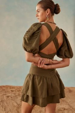 Shona Joy JULIANA LINEN SHORT SLEEVE TIE BACK CROP TOP - FOREST TOPS