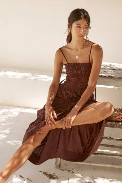 Shona Joy KAIA SHIRRED TIERED MIDI DRESS - CHOCOLATE