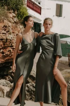 Shona Joy LA LUNE BALLOON SLEEVE BACKLESS MIDI DRESS - OLIVE DRESSES