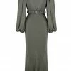 Shona Joy DRESSES LA LUNE BALLOON SLEEVE MIDI DRESS WITH BELT - OLIVE