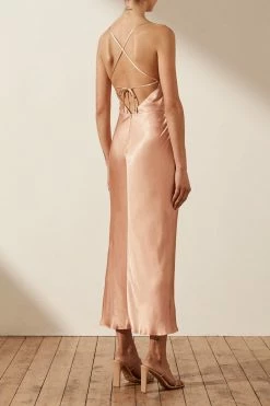 Shona Joy LA LUNE ASYMMETRICAL BIAS COWL MIDI DRESS - DESERT ROSE DRESSES