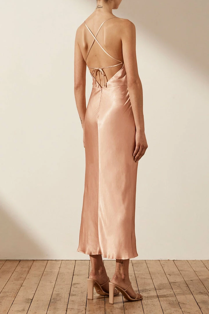 Shona Joy LA LUNE ASYMMETRICAL BIAS COWL MIDI DRESS - DESERT ROSE DRESSES