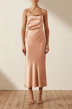 Shona Joy LA LUNE ASYMMETRICAL BIAS COWL MIDI DRESS - DESERT ROSE DRESSES
