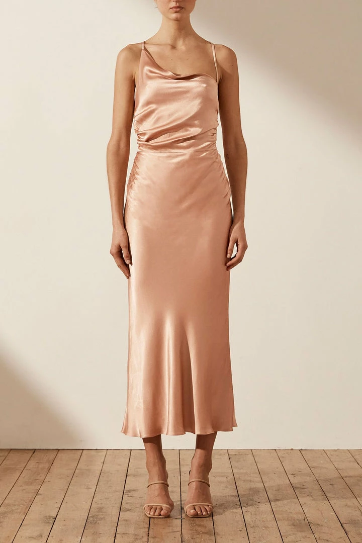 Shona Joy LA LUNE ASYMMETRICAL BIAS COWL MIDI DRESS - DESERT ROSE DRESSES