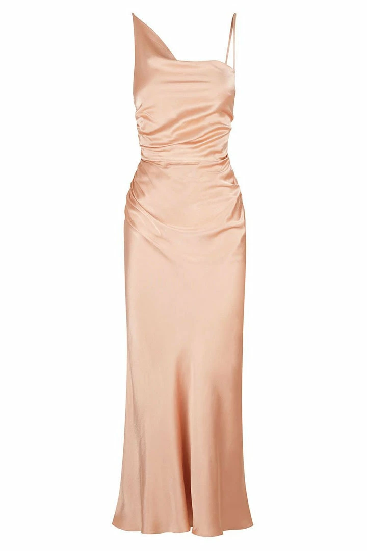 Shona Joy LA LUNE ASYMMETRICAL BIAS COWL MIDI DRESS - DESERT ROSE DRESSES