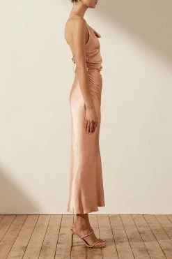 Shona Joy LA LUNE ASYMMETRICAL BIAS COWL MIDI DRESS - DESERT ROSE DRESSES