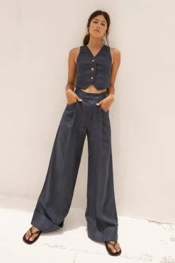 Shona Joy SHORTS & PANTS LIGIA LINEN ASYMMETRIC WIDE LEG PANT - NAVY