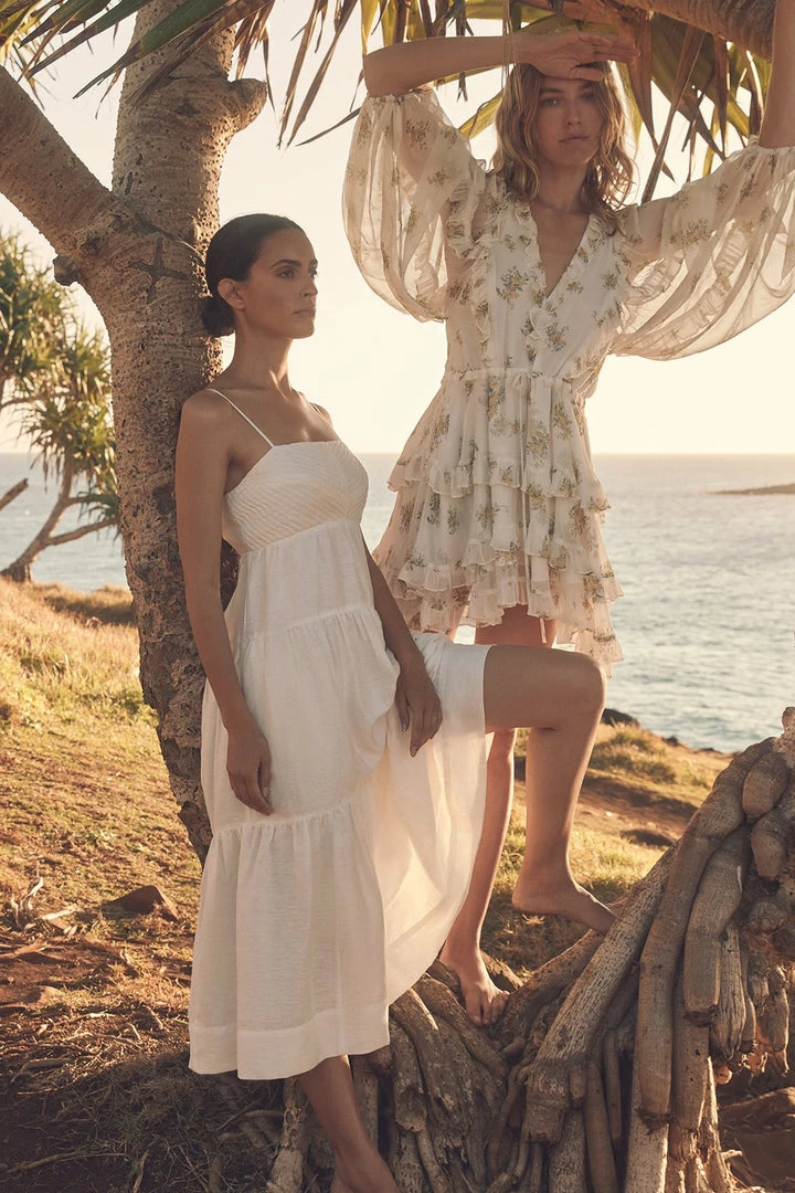 Shona Joy MAYA LINEN PIN TUCK OPEN BACK TIERED MIDI DRESS - IVORY DRESSES