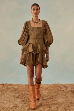 Shona Joy MILA SQUARE NECK MINI DRESS - CUMIN