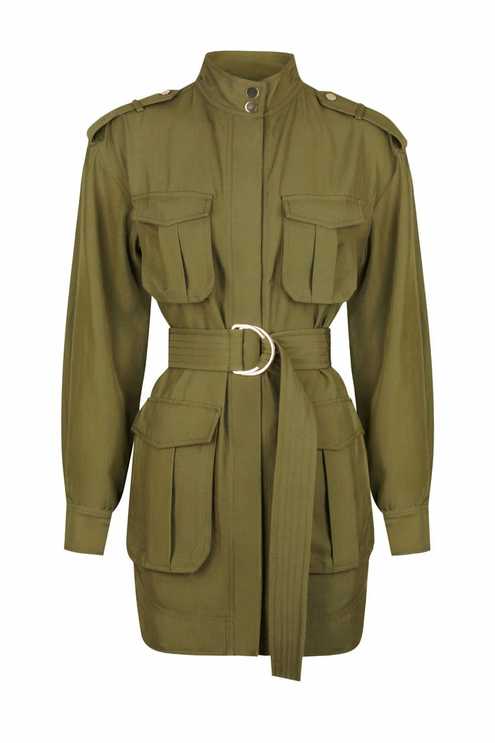 Shona Joy MATILDA LINEN LONG SLEEVE UTILITY MINI DRESS - FOREST DRESSES