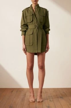 Shona Joy MATILDA LINEN LONG SLEEVE UTILITY MINI DRESS - FOREST DRESSES