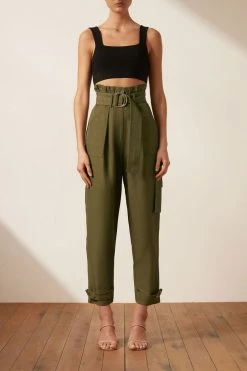 Shona Joy SHORTS & PANTS MATILDA LINEN UTILITY PAPERBAG PANT - FOREST
