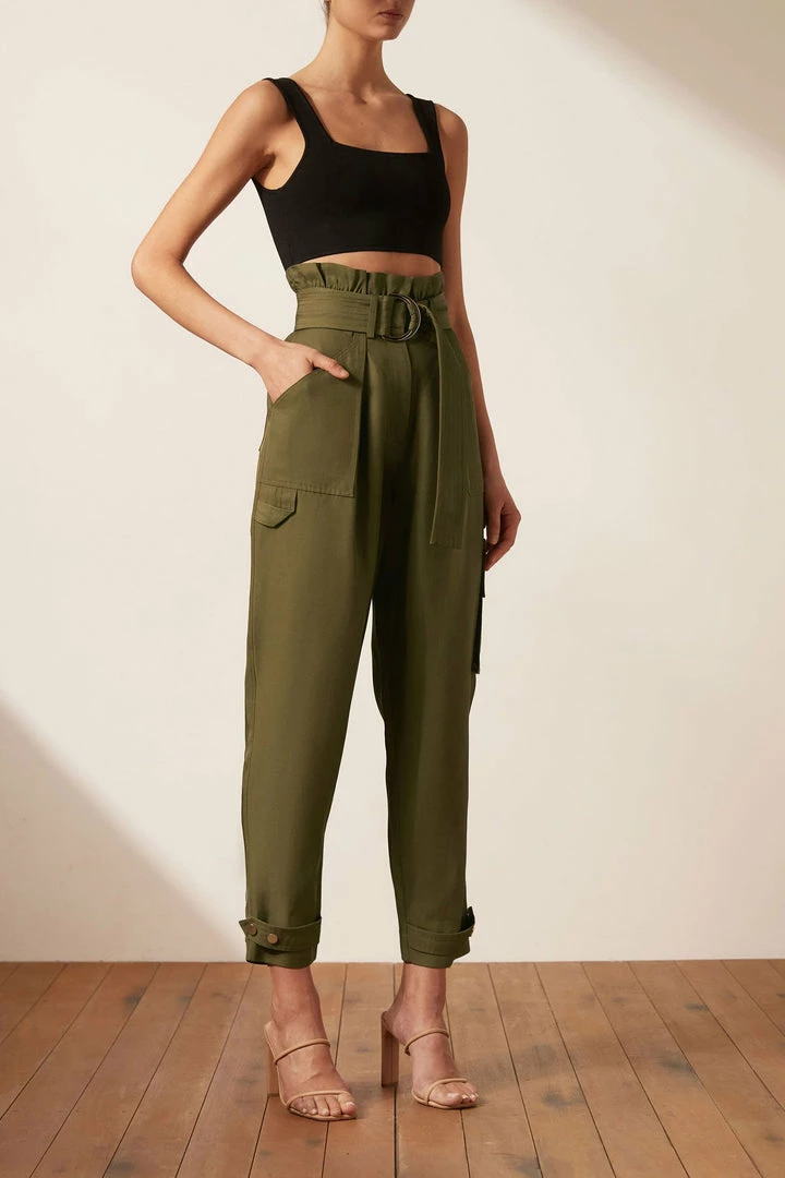 Shona Joy SHORTS & PANTS MATILDA LINEN UTILITY PAPERBAG PANT - FOREST