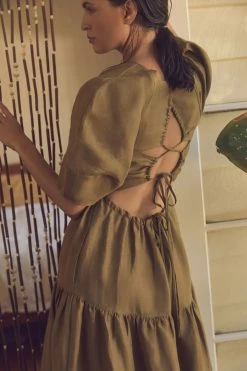 Shona Joy MAYA LINEN SHORT SLEEVE OPEN BACK MIDI DRESS - CUMIN DRESSES