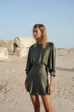 Shona Joy DRESSES LA LUNE OPEN BACK CURVED SLEEVE MINI DRESS - OLIVE