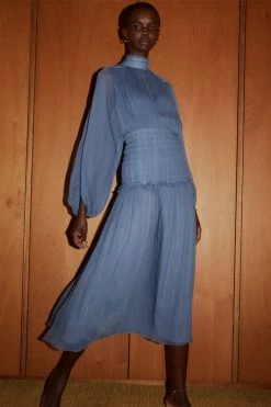 Shona Joy NOEMI LONG SLEEVE RUCHED MIDI DRESS - OCEAN DRESSES