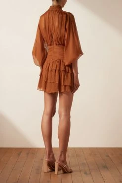 Shona Joy NOEMI LONG SLEEVE RUCHED MINI DRESS - SIENA