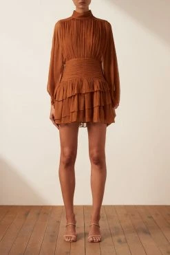 Shona Joy NOEMI LONG SLEEVE RUCHED MINI DRESS - SIENA