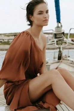 Shona Joy LUXE TIE FRONT ONE SHOULDER DRESS - MOCHA DRESSES