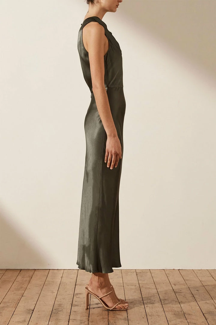 Shona Joy LA LUNE HIGH NECK MIDI DRESS - OLIVE