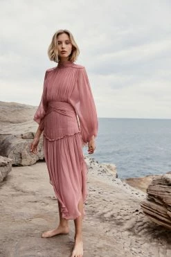 Shona Joy OLYMPIA LONG SLEEVE OPEN BACK MIDI DRESS - ANTIQUE ROSE DRESSES