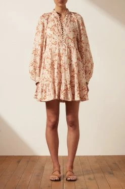Shona Joy FLOR LINEN BALLOON SLEEVE PIN TUCK TIERED MINI DRESS DRESSES